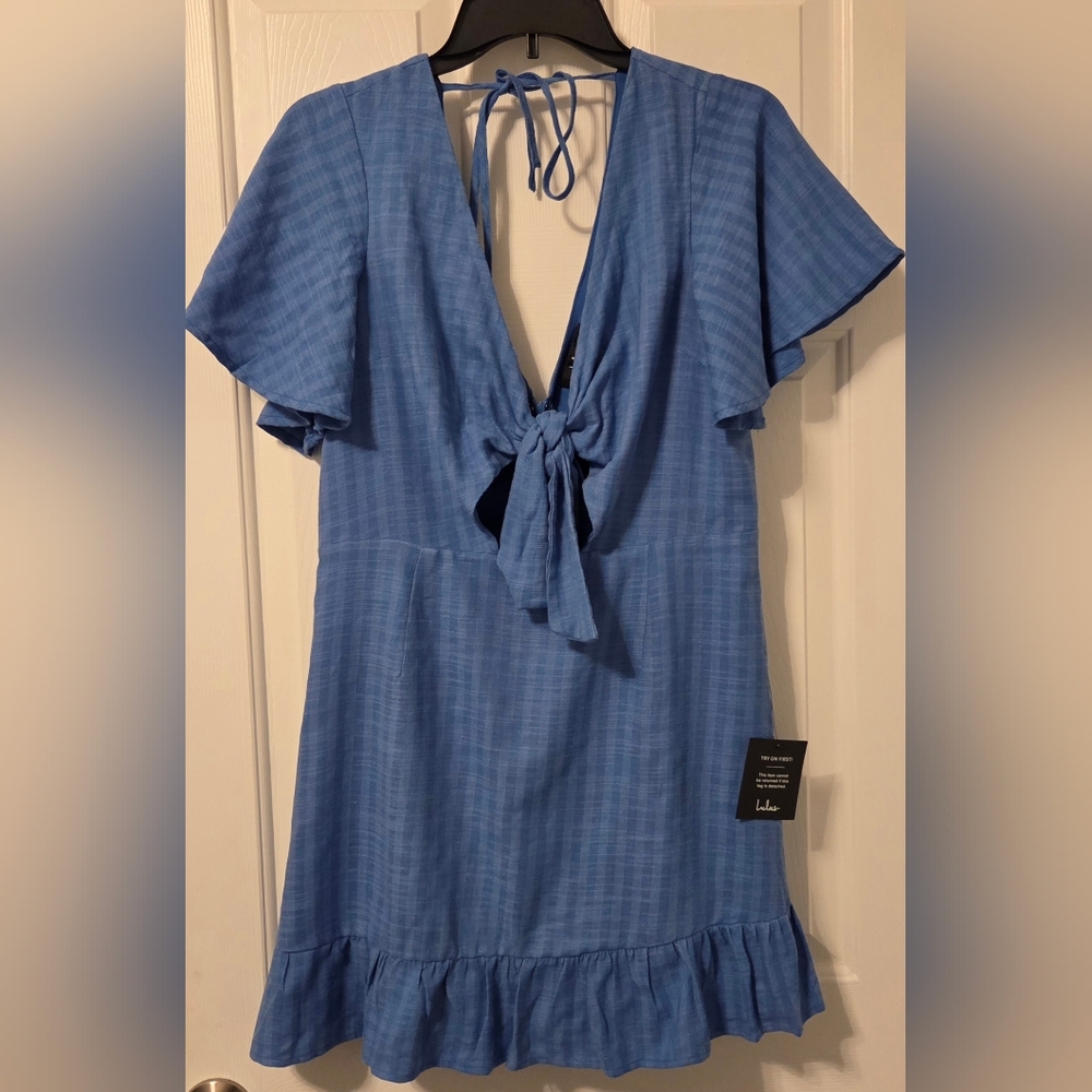NWT Lulus Blue Bow Front Mini Dress Women's Large Flutter Sleeve Ruffle Hem - Picture 4 of 5